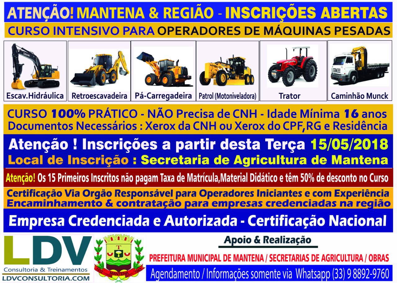 Atenção! Matrículas para Curso de Operadores de Máquinas começa nesta terça-feira (15), na Secretaria de Agricultura em Mantena