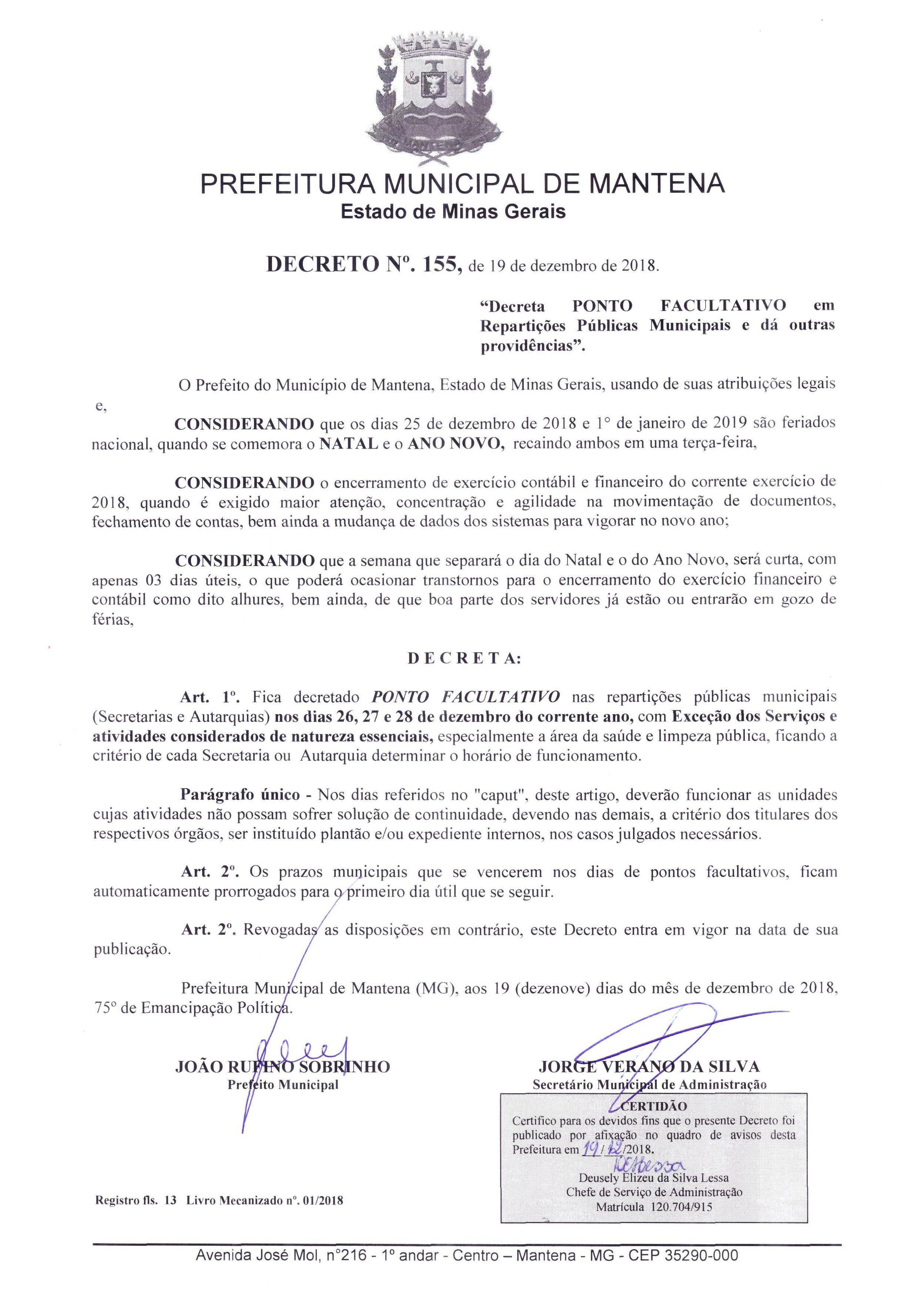 Prefeitura decreta ponto facultativo nos dias 26, 27 e 28 de dezembro –  Prefeitura Municipal de Mantena