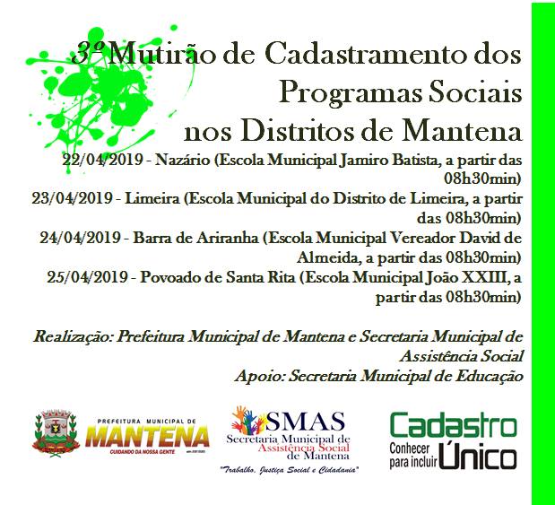 Atenção você que mora em Nazário, Limeira e Ariranha! Vem aí o 3° Mutirão de Cadastramento dos Programas Sociais nos Distritos