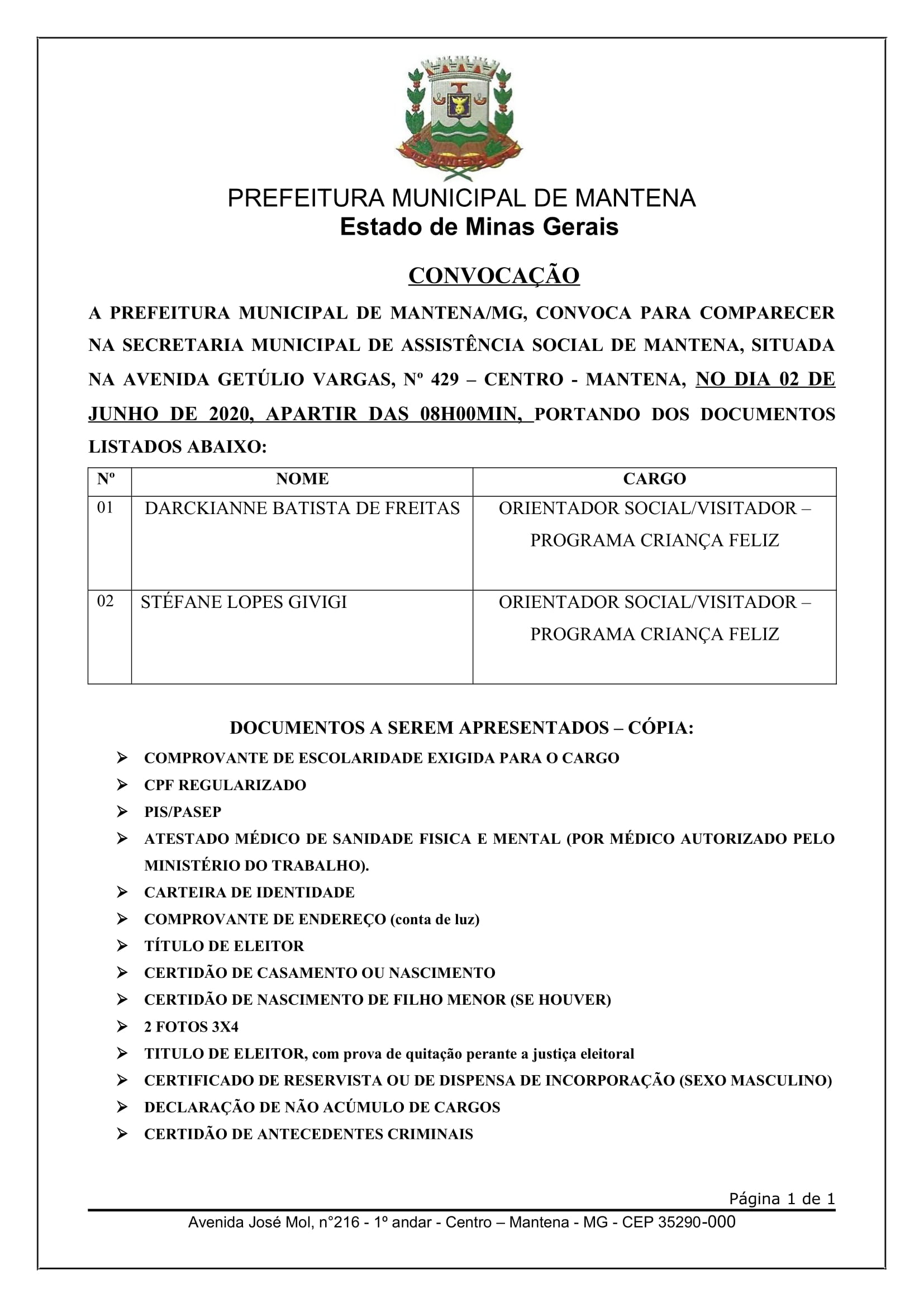 Convocação de candidato – Processo seletivo 002/2019