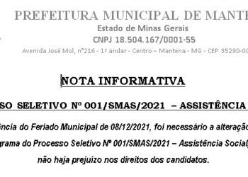 NOTA INFORMATIVA – Processo Seletivo SMAS 001/2021. Alteração de Datas.