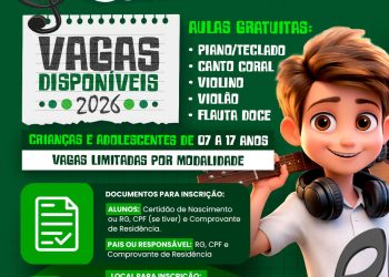 Projeto Culturarte 2026 está com vagas abertas para aulas gratuitas de música em Mantena